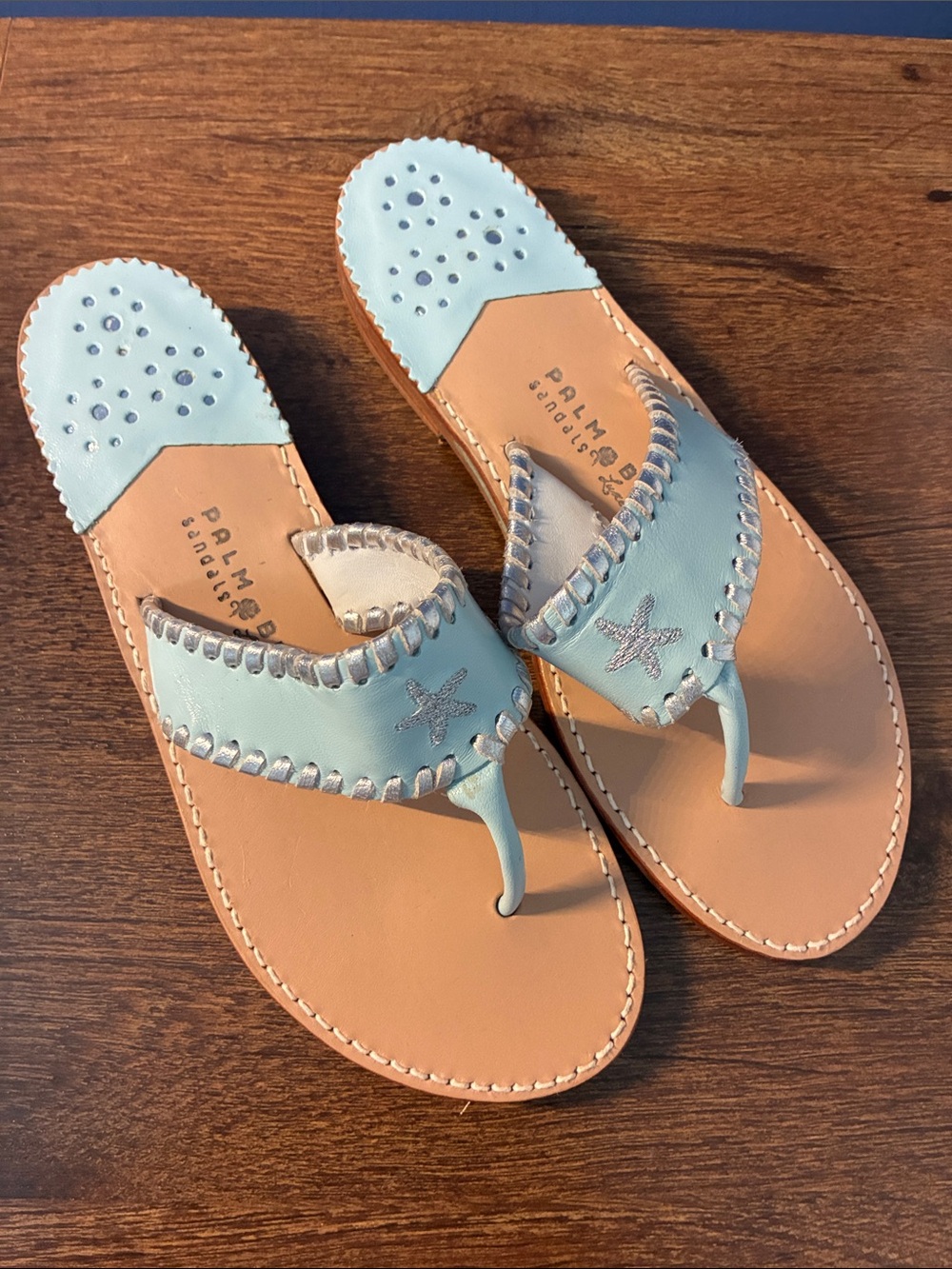 Palm Beach Aubrey Sandals Mint Blue Leather Thong Sandals with Starfish Accent